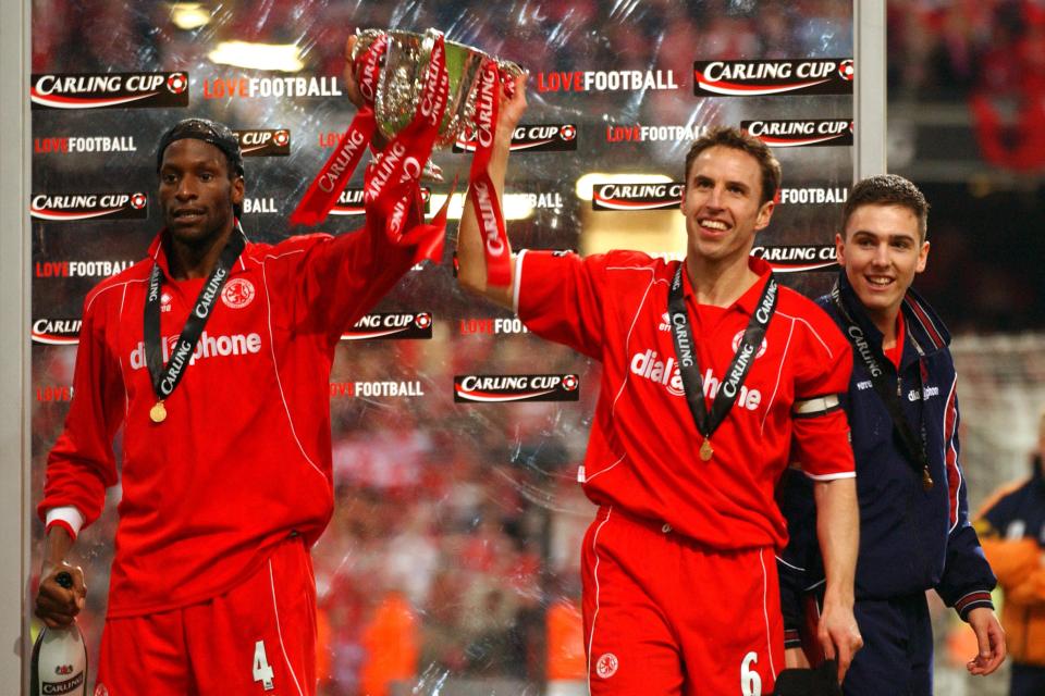 Ugo Ehiogu, pictured with Gareth Southgate, helped Middlesbrough to win the Carling Cup in 2004