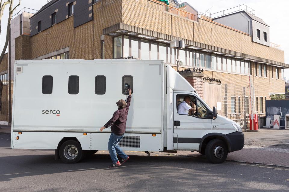  Collins arriving at court in the back of a prison van at Thames Magistrates' Court this morning