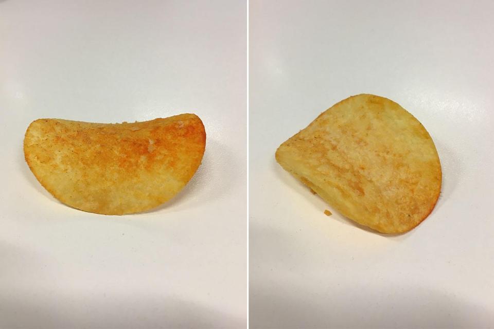 The top side of a Pringle (left) is sprinkled with seasoning, while the underside (right) is simply flavoured by other crisps within the tub