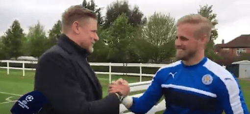  Kasper Schmeichel spots his dad, Peter, at the training ground