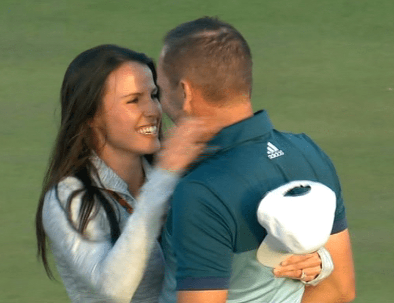  Sergio Garcia greets fiancee Angela Akins after winning the Masters