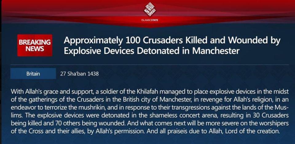 Writing in English, ISIS' claim of responsibility described innocent children attending last night's Ariana Grande concert as 'crusaders' and boasted of the sickening slaughter