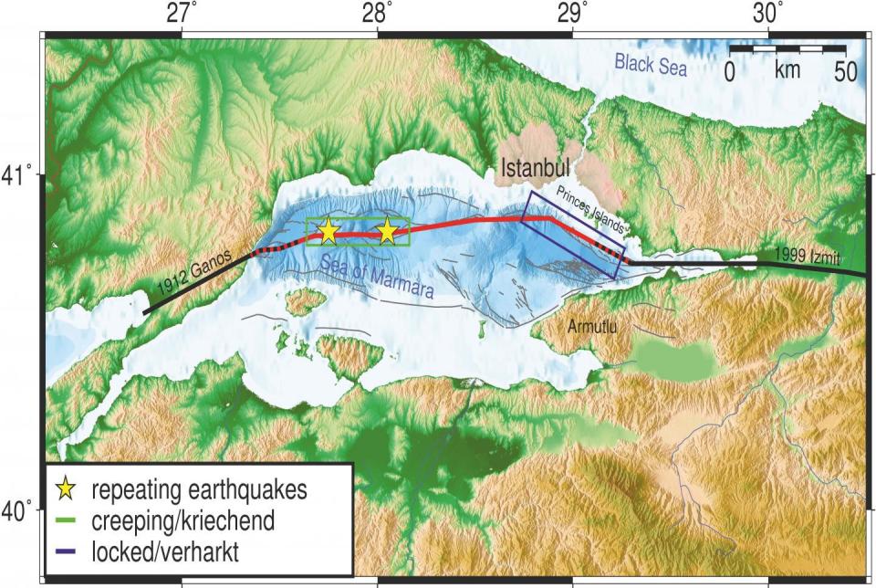  The offshore Marmara fault where a major earthquake is overdue is indicated by the red line