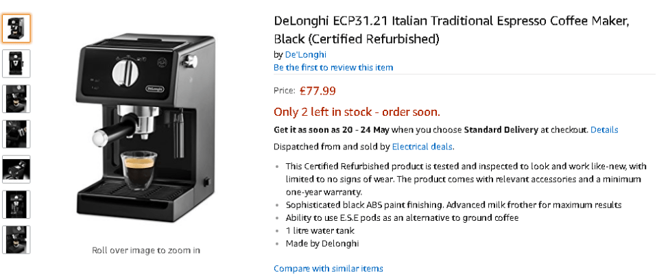  This refurbished DeLonghi coffee maker costs just £77.99 from Amazon