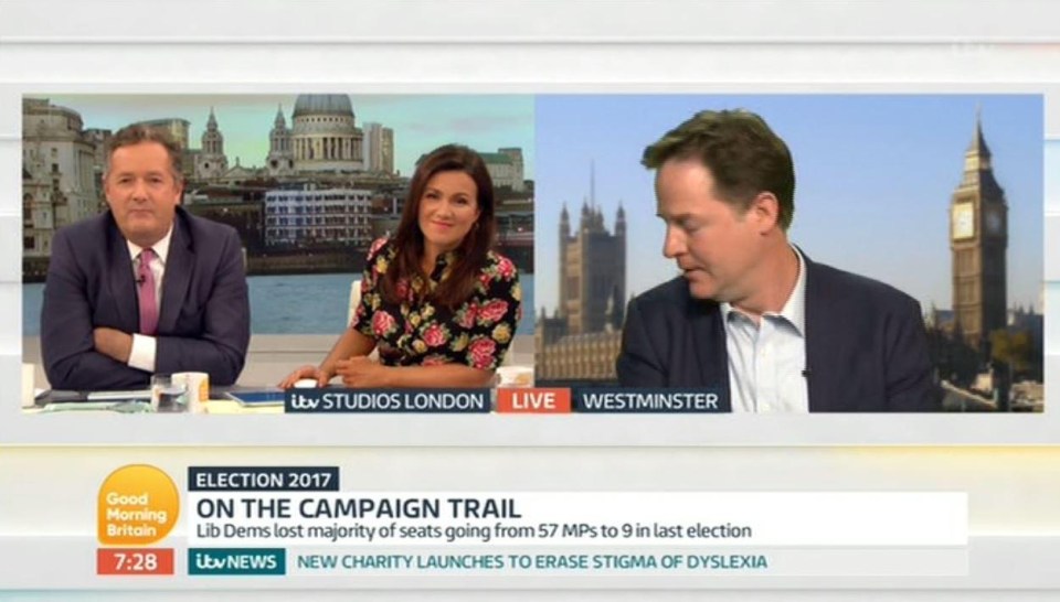 Nick Clegg turns away from the camera after being riled by Piers Morgan