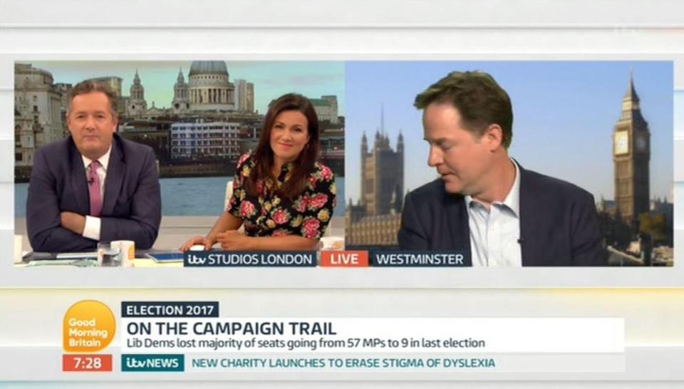  Nick Clegg turns away from the camera after being riled by Piers Morgan