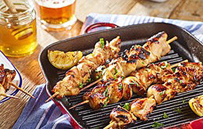  Give your skewers a little extra something with Mrs Crunch' s beer and honey BBQ chicken skewers