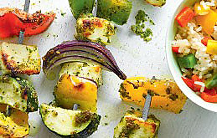  Mrs Crunch's halloumi kebabs with mixed pepper rice are perfect for veggies attending your BBQ