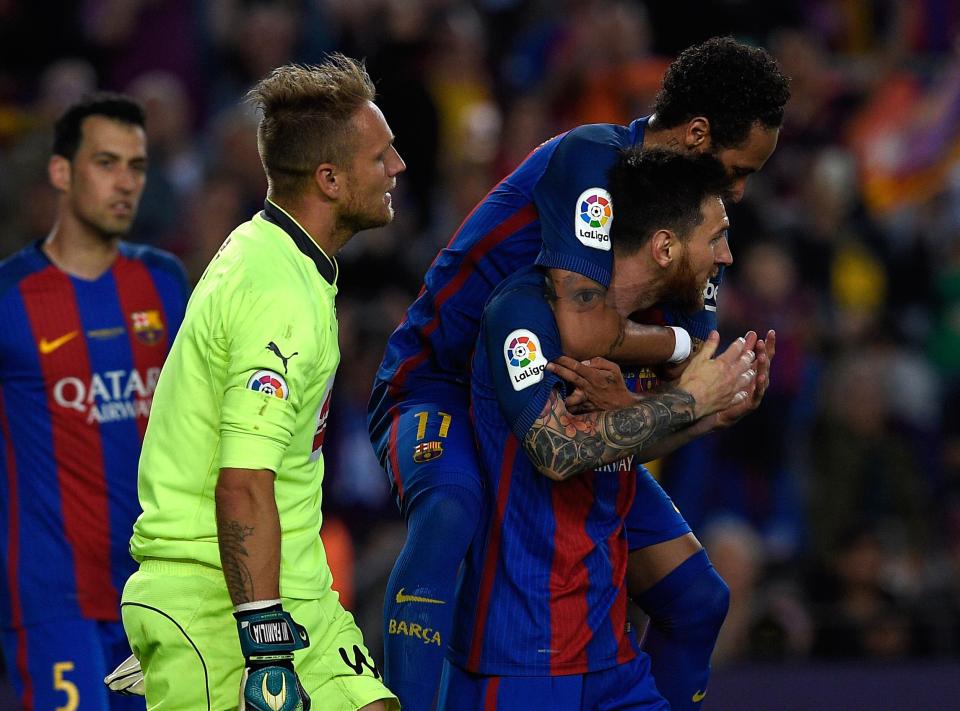  Lionel Messi and Neymar celebrate after Barcelona came from behind to beat Eibar 4-2