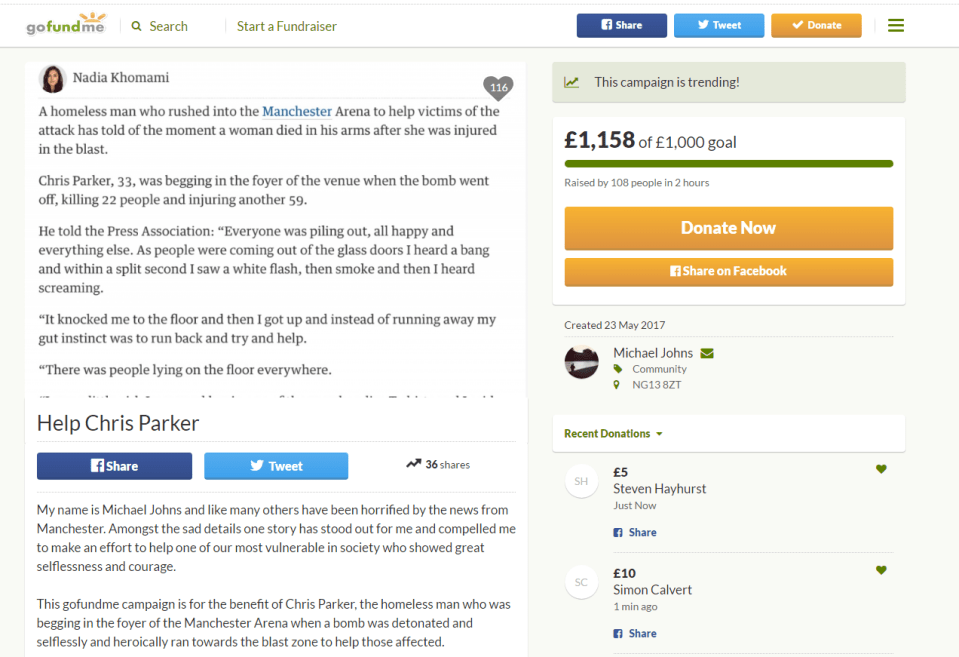  A GoFundMe page has been set up to help homeless man Chris Parker who helped those caught up in the terror attack