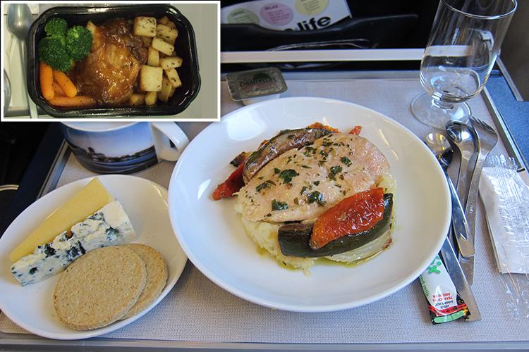  The British Airways Business Class meal is tastefully displayed on porcelain plates, with an English cheese plate for dessert. Meanwhile, the Economy meal can only be guessed at