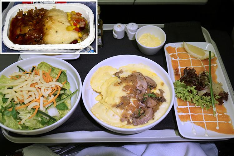  The American Airlines Business Class meal wouldn't look out of place in a fancy restaurant, whereas the airline's Economy version probably doesn't even require a pair of teeth to eat it