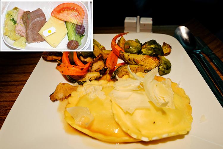  In Delta Business Class, customers are served plump ravioli with roast veg, while in Economy they get grey-looking meat, a block of cheese and a couple of sliced vegetables