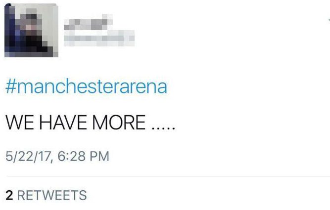 Another Twitter user, who appeared to be an ISIS supporter, posted an ominous message saying: “We have more #manchesterarena”