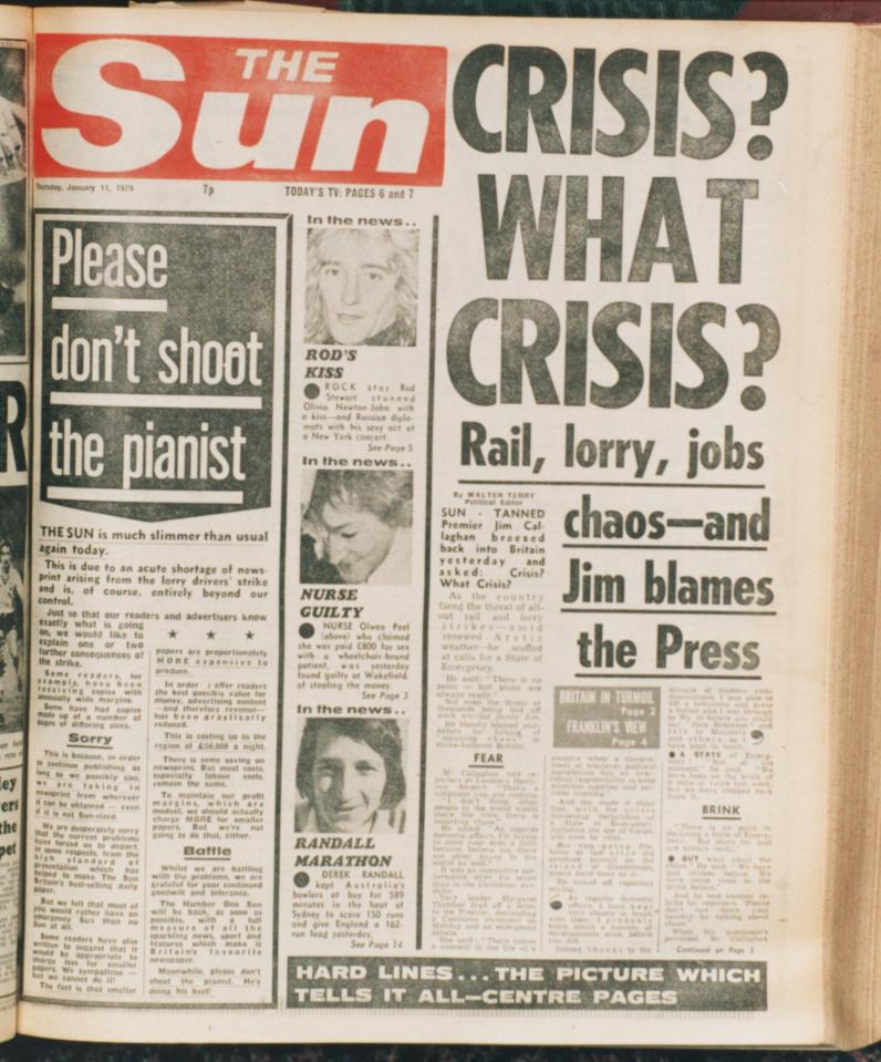  The Sun's front page on November 11, 1979 as it covered the Winter of Discontent under a Labour government