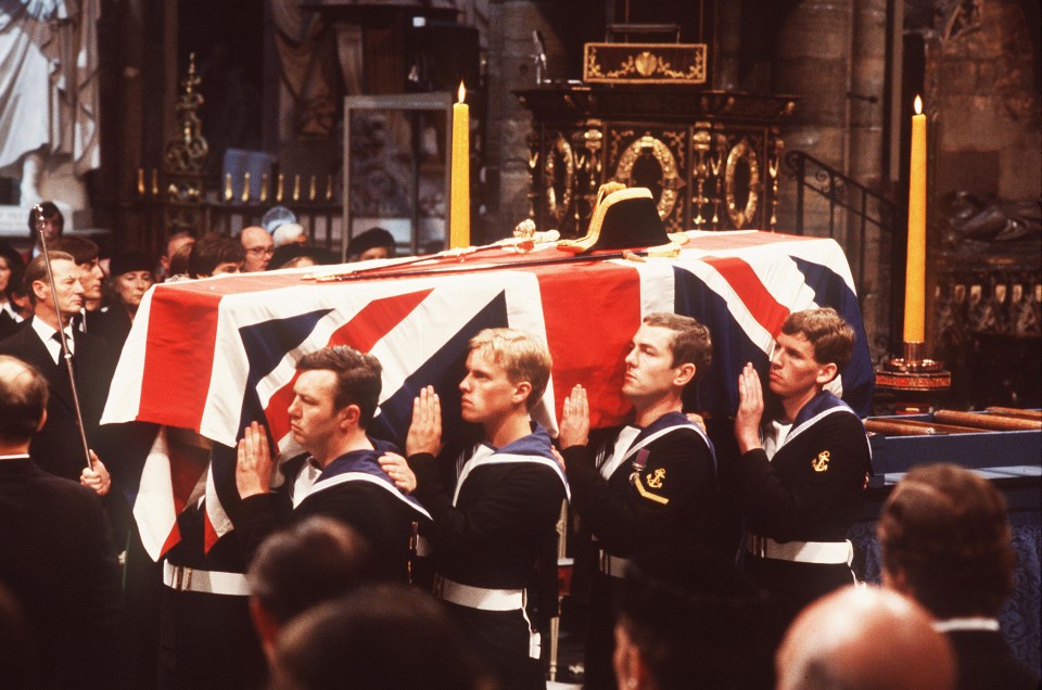 Lord Mountbatten’s coffin carried at his funeral after he was murdered by IRA terrorists