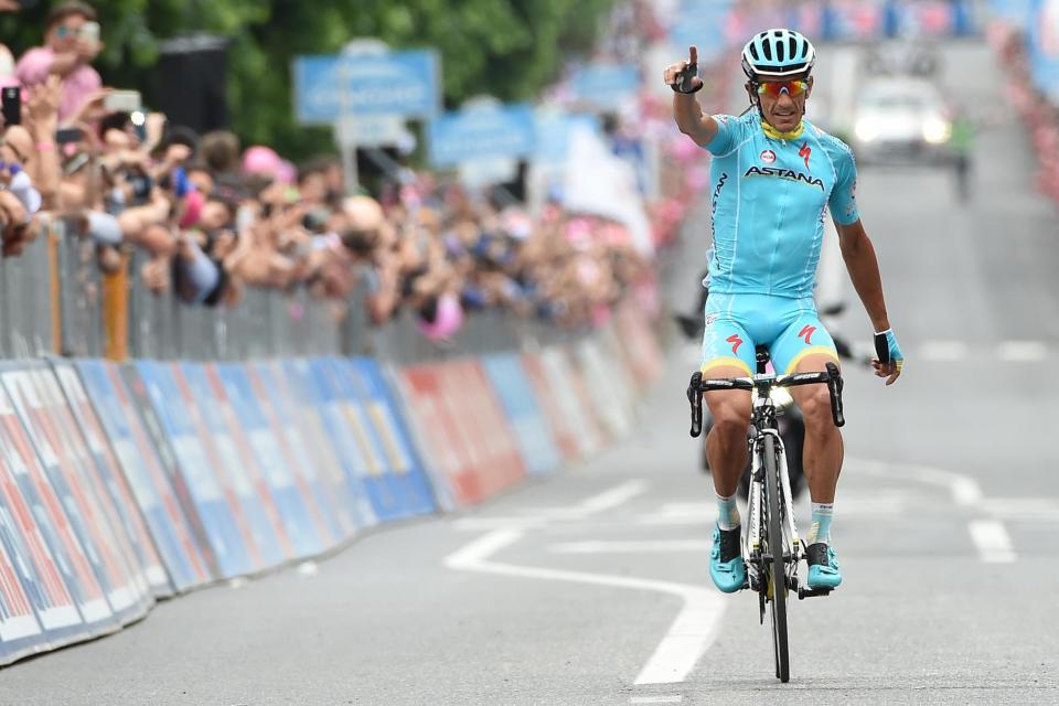  Italy's Paolo Tiralongo celebrates as he crosses the finish line to win the 9th stage of the Giro d'Italia Tour of Italy in 2015