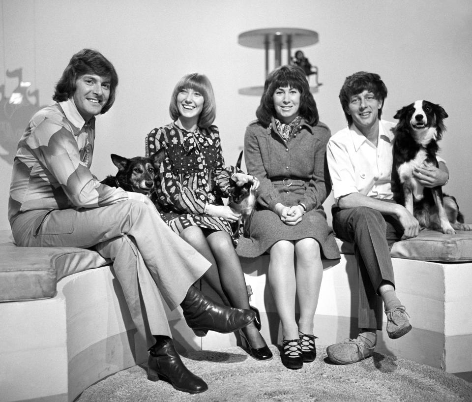  Peter Purves, Lesley Judd, Valerie Singleton and John Noakes with his dog Shep in 1972