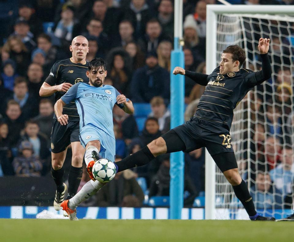 Nolito challenges for the ball at the Etihad