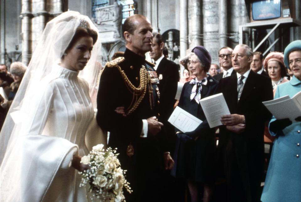  Princess Anne and Prince Philip at her wedding to Lieutenant Mark Philips at Westminster Abbey in 1973