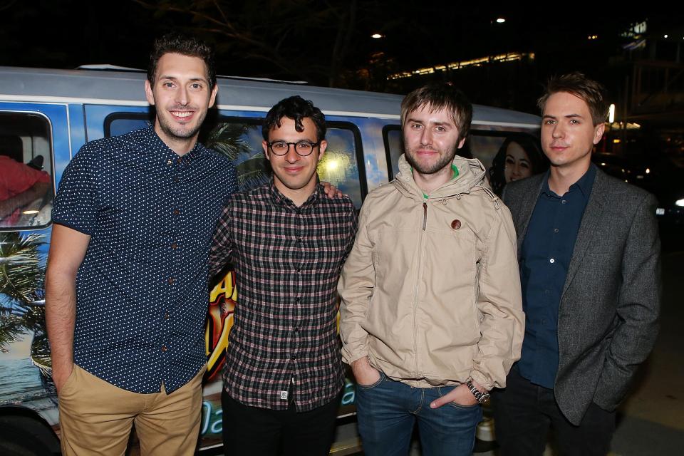  James and Joe, left, with Inbetweeners co-stars Blake Harrison and Simon Bird