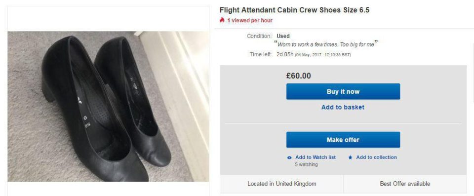 On Ebay, women sell ‘very used cabin crew shoes’ shoes for up to £60 