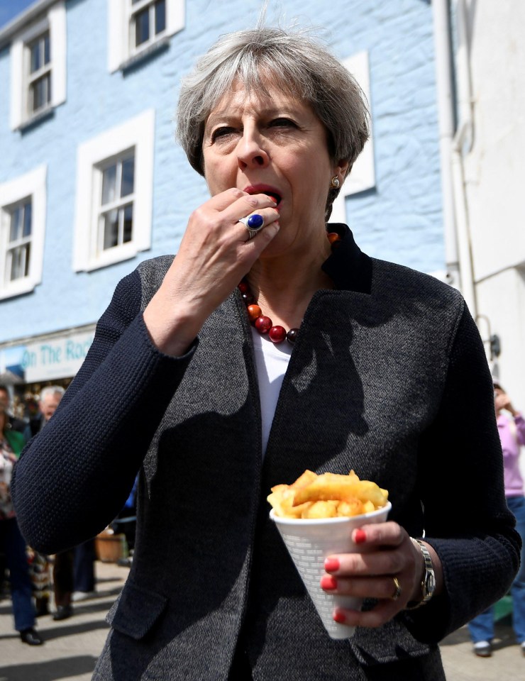 Theresa May ate some chip on a walkabout during an earlier trip to Cornwall