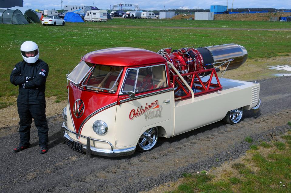 Perry Watkins with his proud creation at Santa Pod raceway