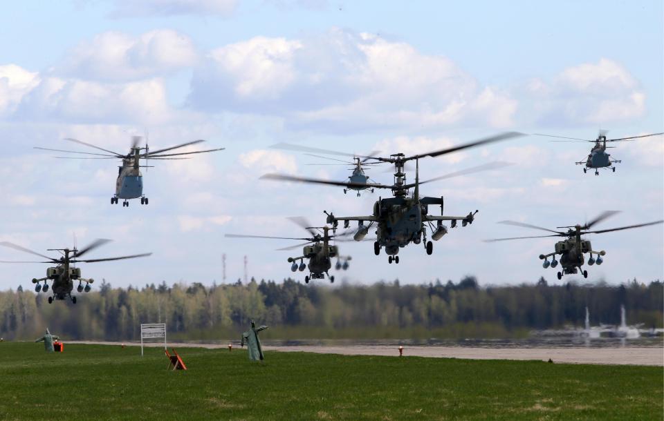  Kamov Ka-52 Alligator strike helicopters, Mil Mi-26 heavy lift cargo helicopters, and Mil Mi-8 multirole helicopters