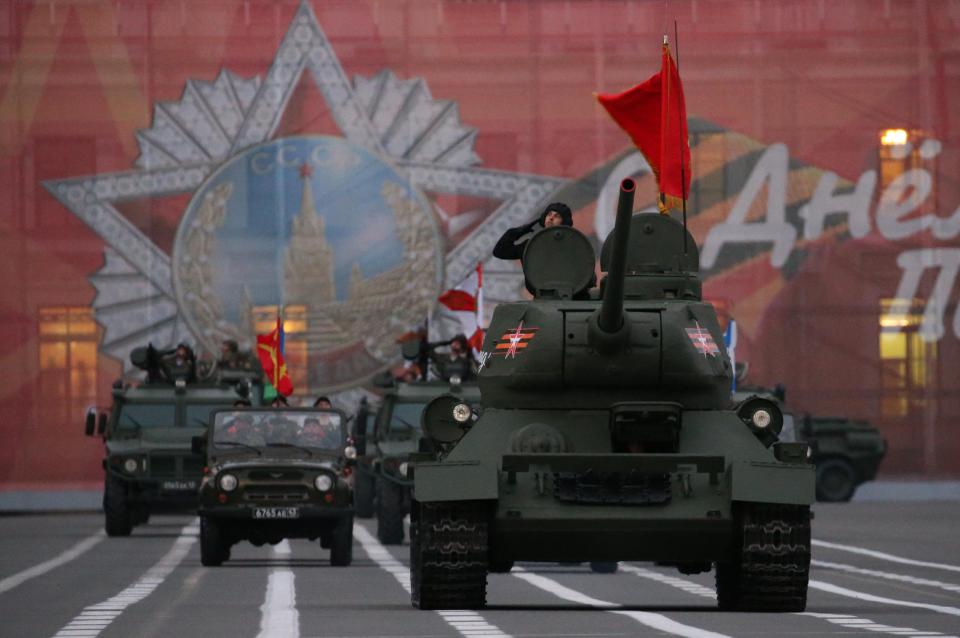  A T-34-85 tank seen powering through St Petersburg's Palace Square