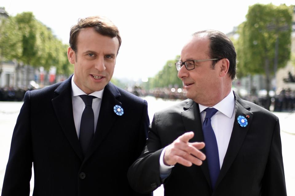  Emmanuel Macron with outgoing President Hollande at a Victory in Europe celebration today