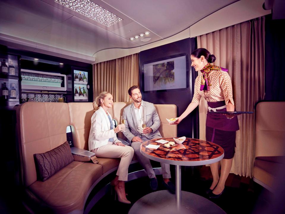 Etihad guests can help themselves to drinks from the well-stocked trolley in the aeroplane lounge or order snacks from cabin crew 