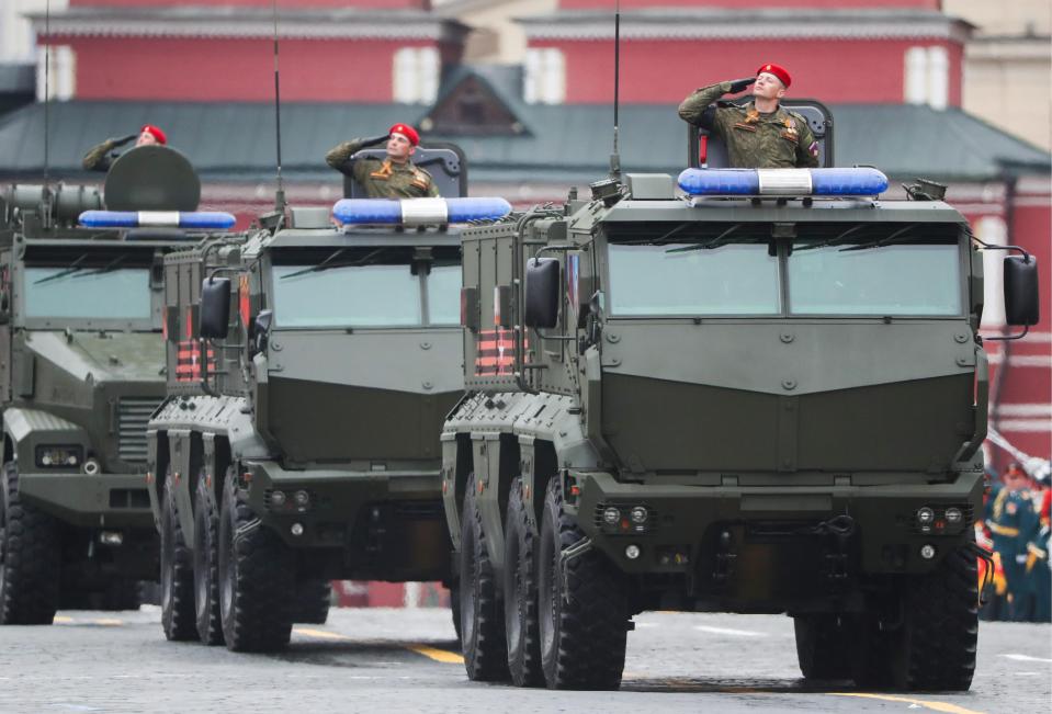  Army trucks roll through Red Square during the fearsome display of Russian military might