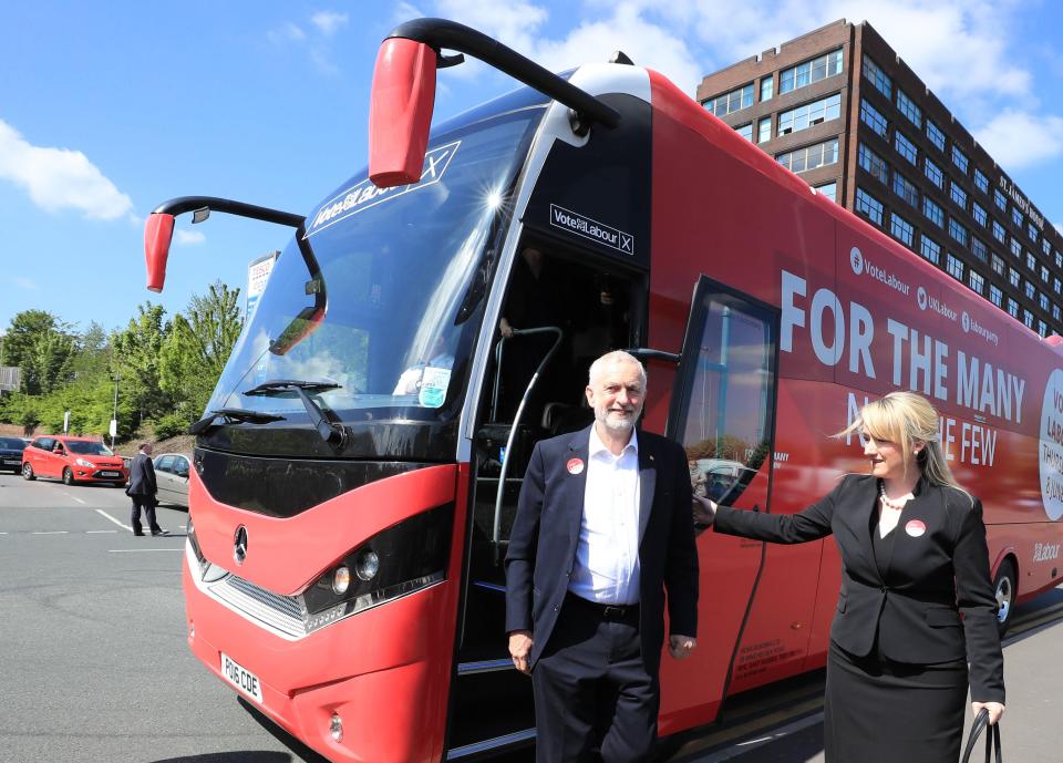  Mr Corbyn on Labour's battlebus which reads 'For the many not the few'