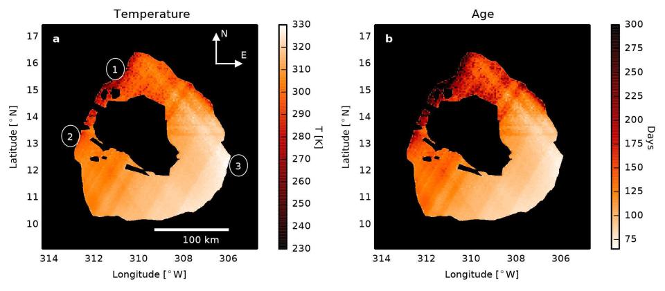  Maps of the temperature and lava crust age within Loki Patera