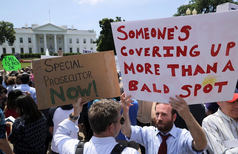  One placard reads: 'Someone's covering up more than a bald spot'