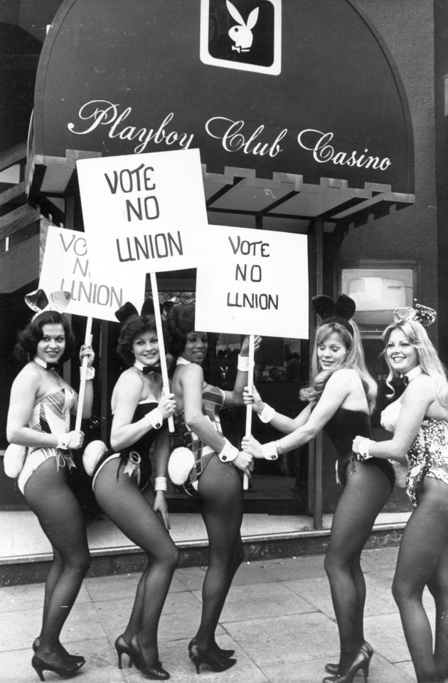  A group of Playboy bunny girls picketing outside a meeting of Playboy Club employees in 1975, who were voting on whether to join the Transport and General Workers Union