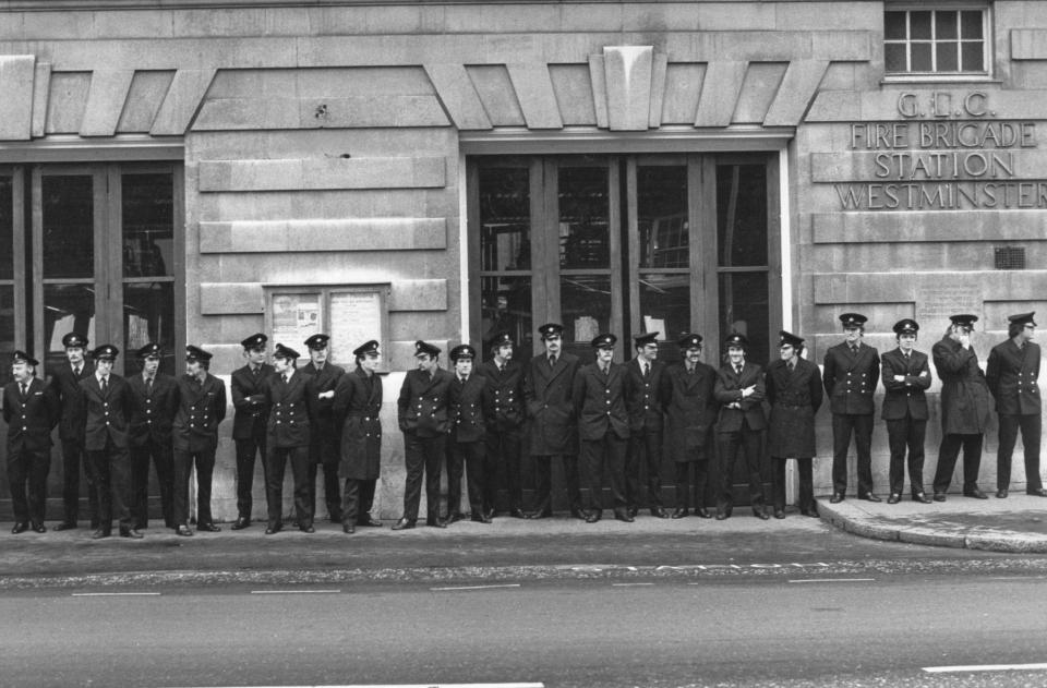  Fireman stand in a line outside of Westminster Fire Station while on strike in 1977. Their duties were carried out temporarily by members of the army