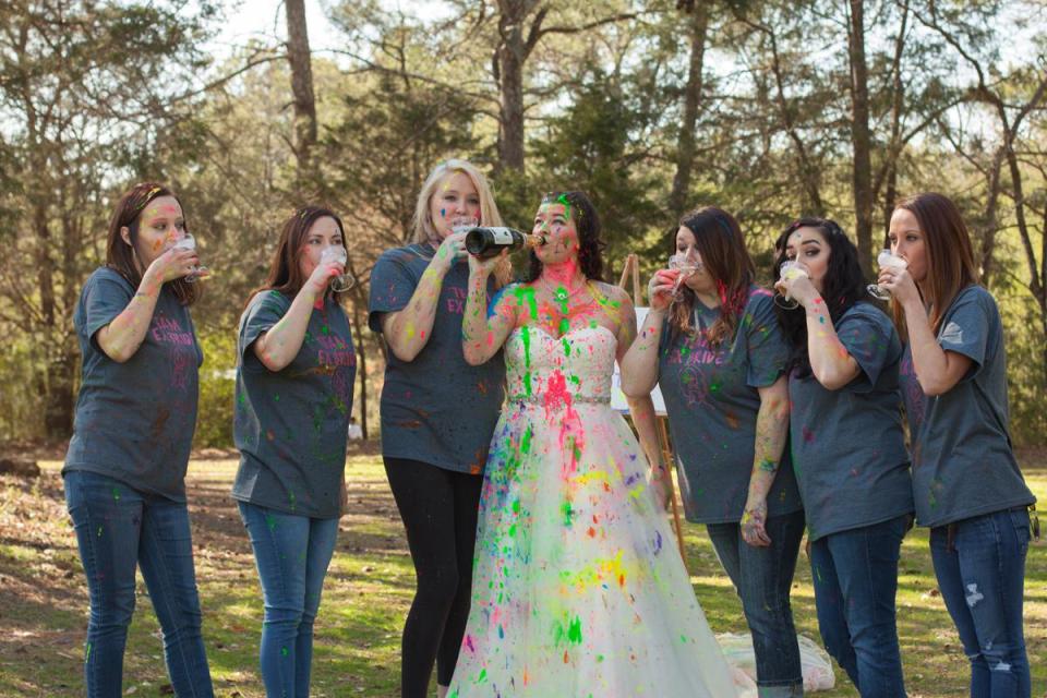  Jen enjoying a drink with her six intended bridesmaids after trashing the dress at the 'farewell' bash