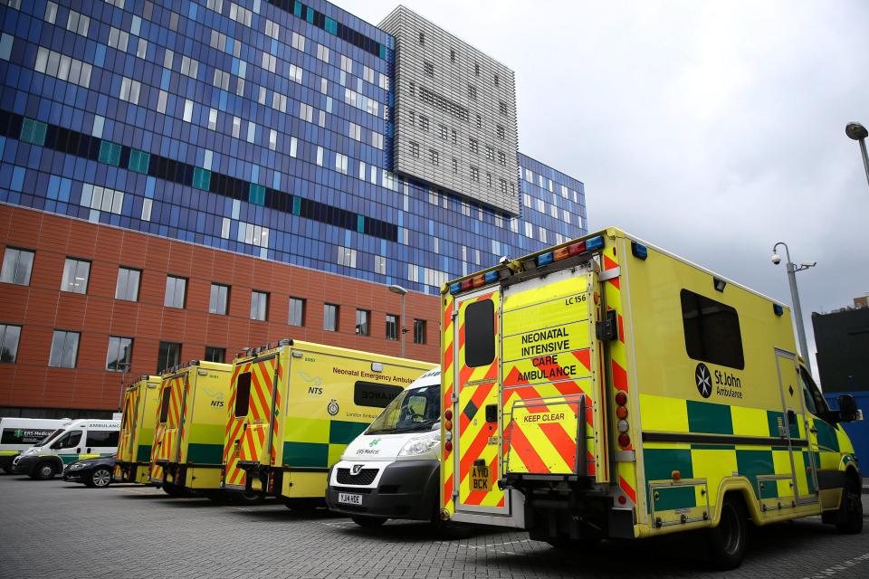 Ambulances outside the Royal London Hospital in Whitechapel today as yesterday's virus attack continues to cause chaos