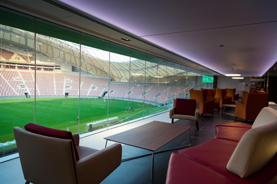 A hospitality lounge in view of the pitch at the Khalifa stadium