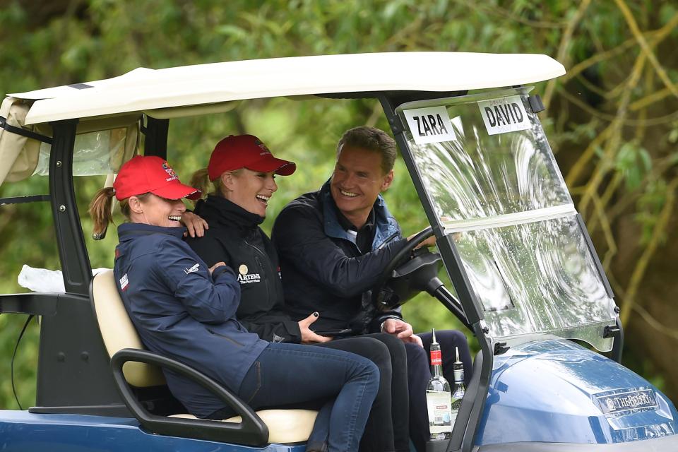  Dolly Maude, Zara Tindall and David Coulthard in a golf buggy during the ISPS Handa Celebrity Golf Classic at The Belfry in Sutton Coldfield