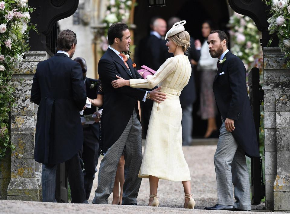  Spencer Matthews greets his brother's girlfriend Donna Air outside the church