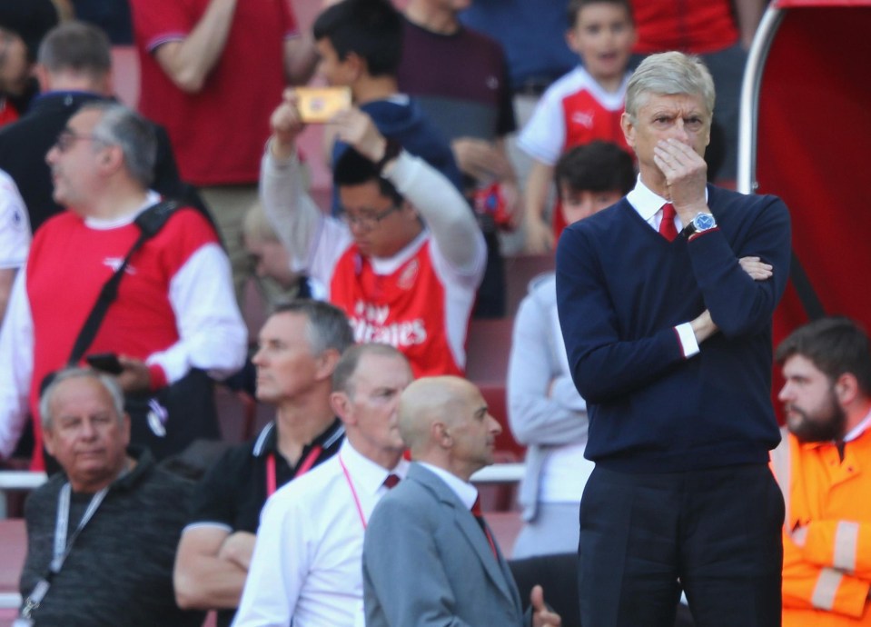 Arsene Wenger looks on after Arsenal’s final match of the season against Everton