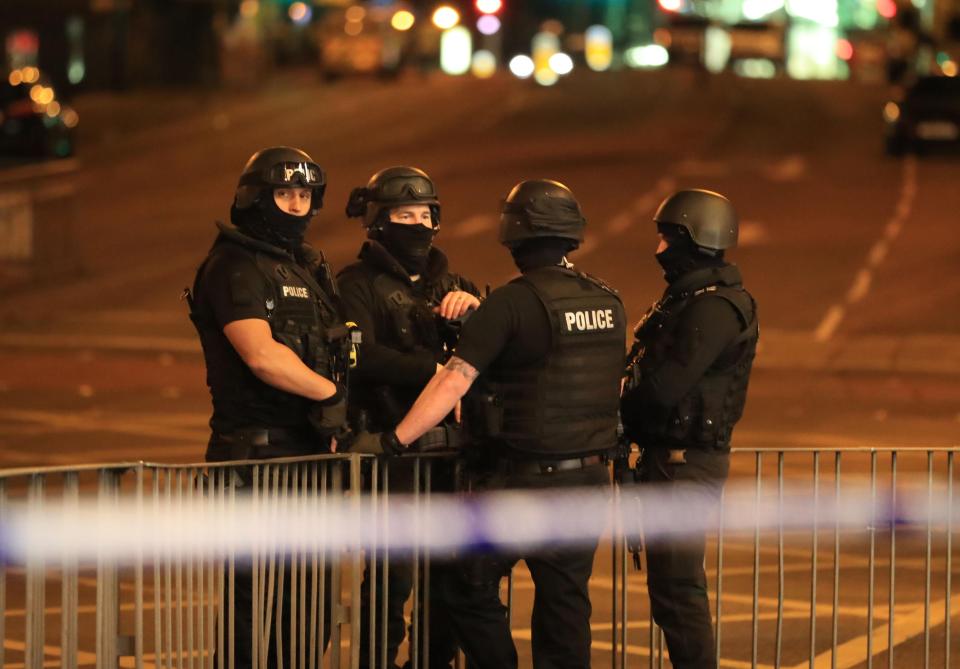  Armed police at Manchester Arena after last night's suicide bombing