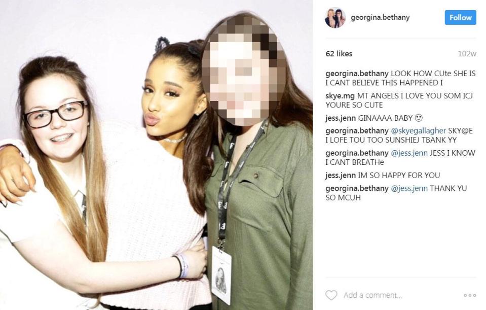  Georgina Callander, pictured here with her pop hero Ariana Grande two years ago, was among the dead