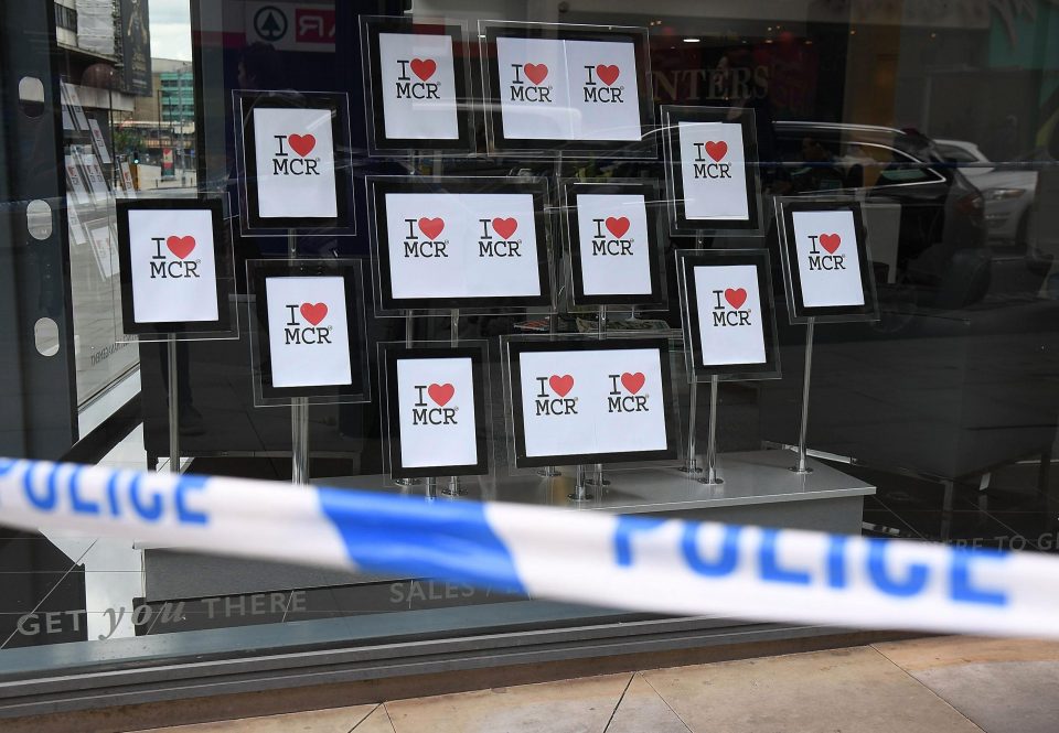 The simple logo has been spotted across the city centre after 22 people were killed last night