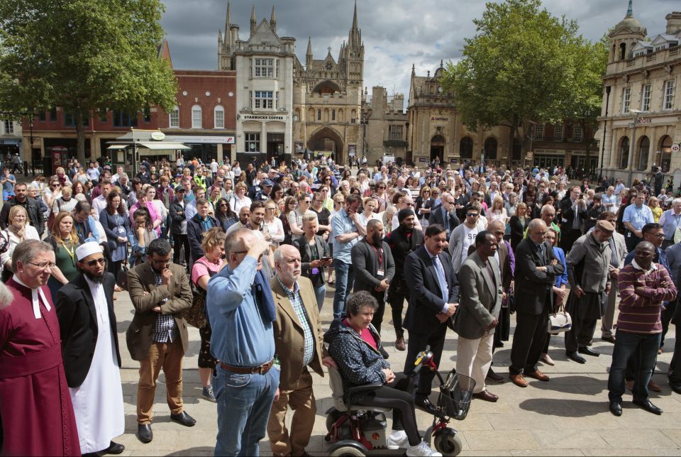 Crowds gather in Peterborough city centre for a minutes silence today