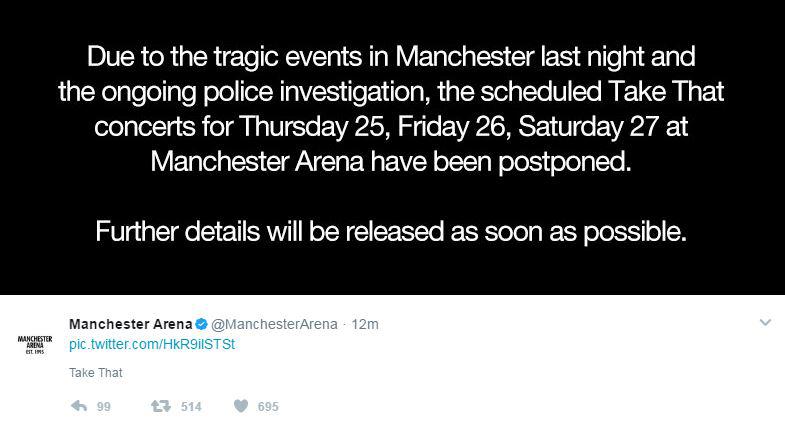  The venue tweeted this afternoon that the Take That gigs would not go ahead