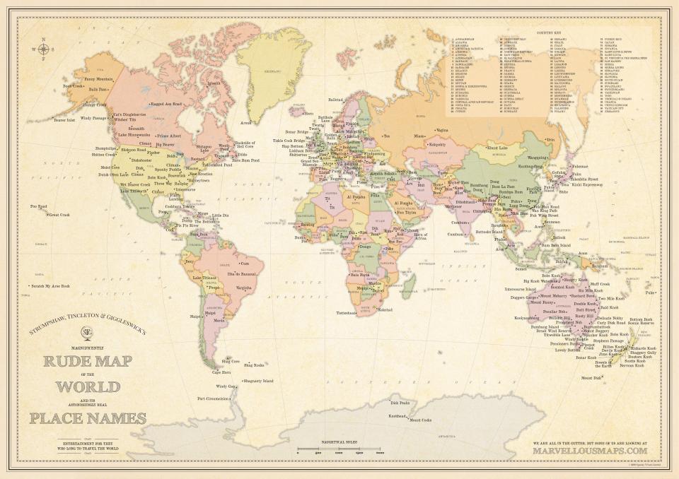  The Magnificently Rude Map of the World and its Astonishingly Real Places Names lists 280 naughty monikers